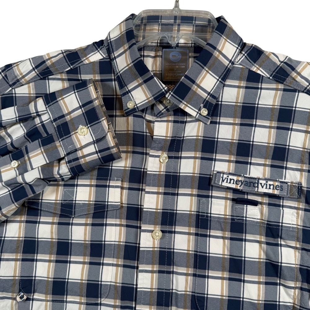 Vineyard Vines Harbor Shirt Mens Medium Blue Plaid Vented Stretch Fishing Button